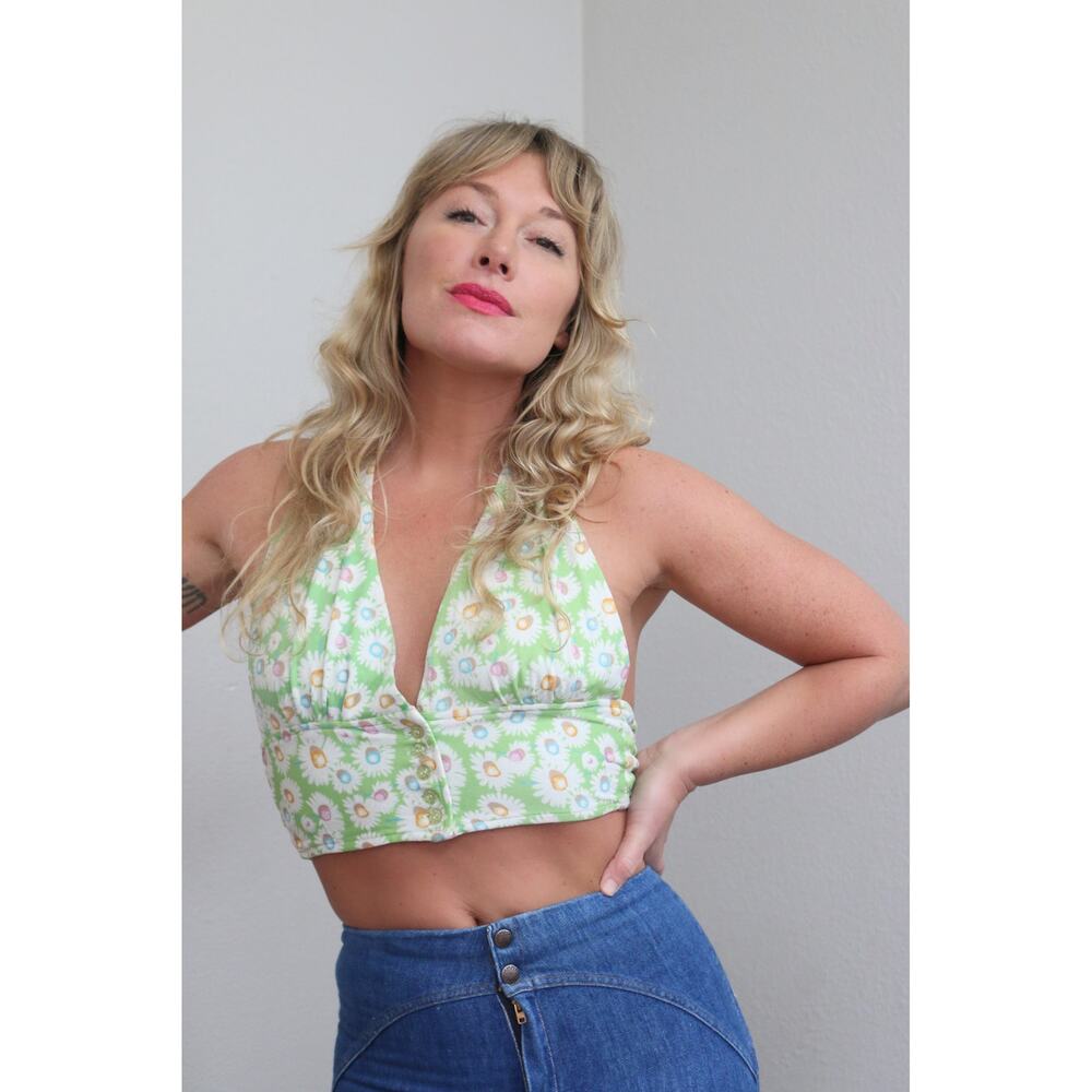 1970's Vintage Daisy Floral Tie Back Crop Top Halter Blouse ~ Women's MD LG